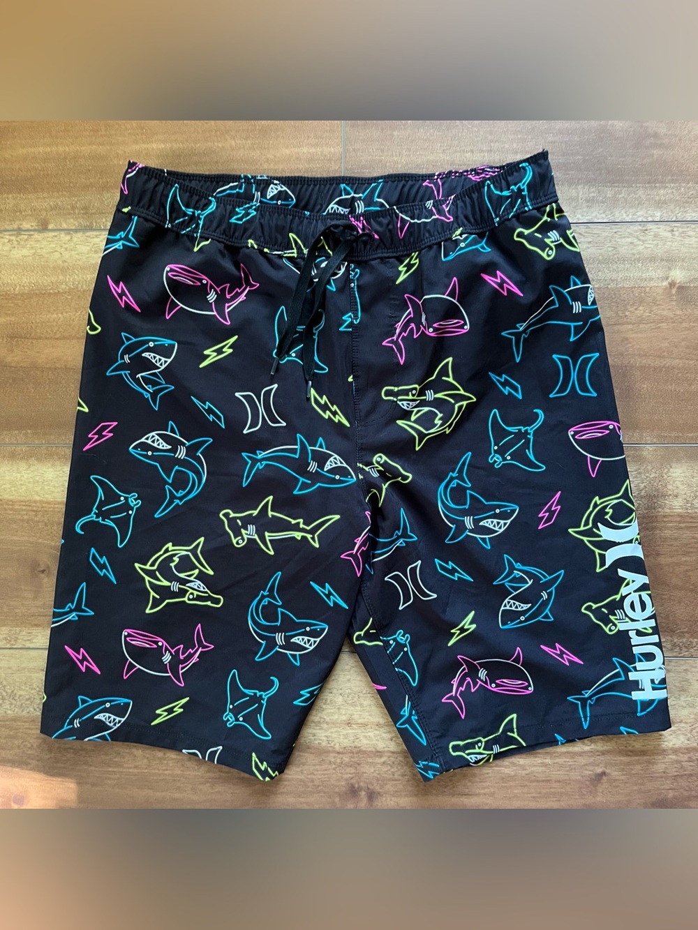 Hurley Black Swim Trunks with Neon Shark Print